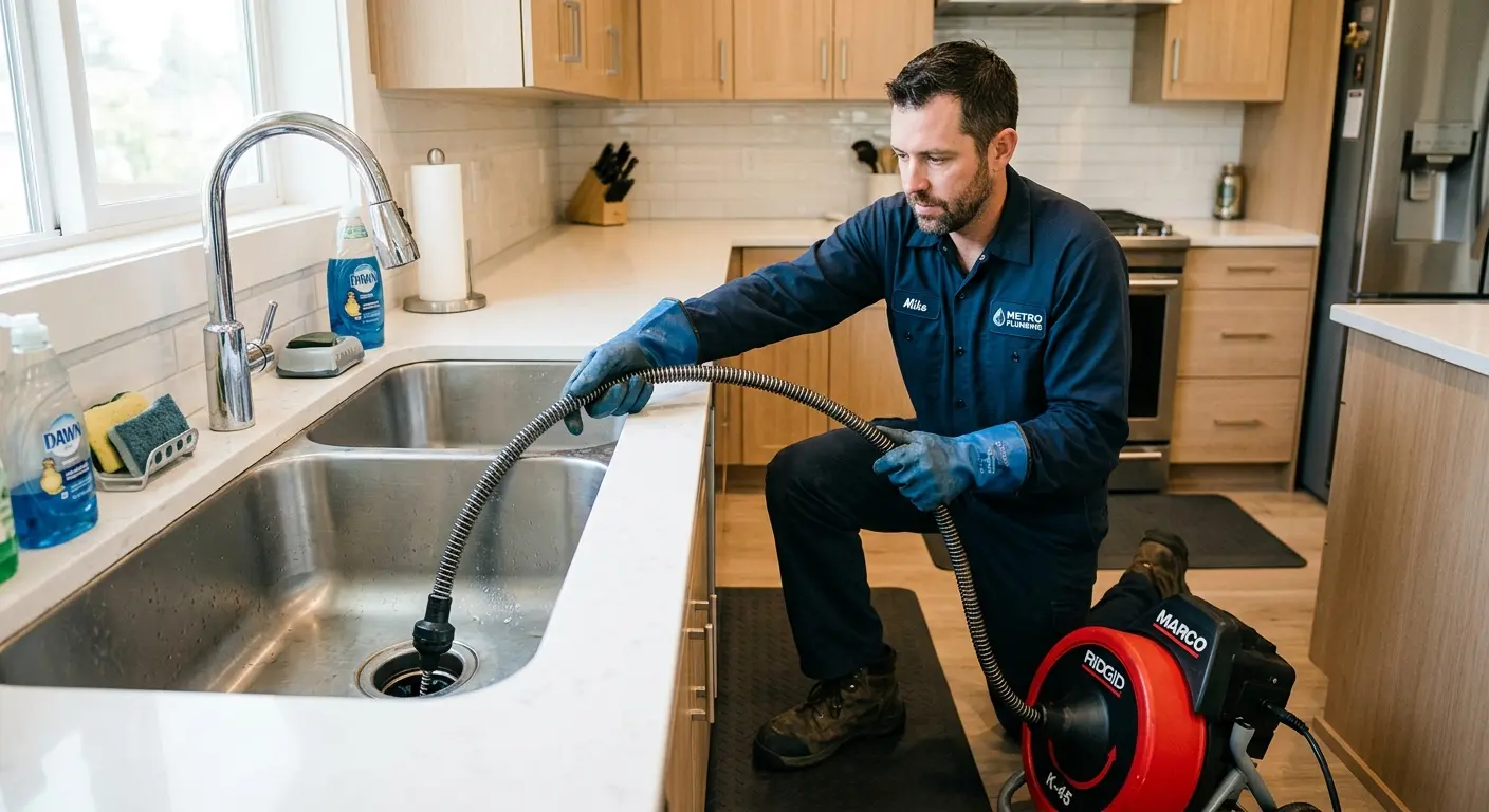 Drain cleaning technician using a motorized snake on a kitchen sink in Manteno
