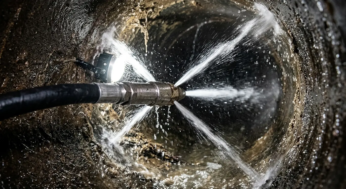 High-pressure hydro jetting nozzle cleaning sewer pipe for Trenchless Sewer Repair in Manteno