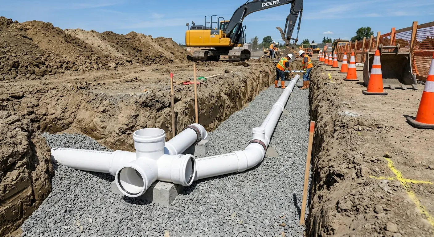 New PVC sewer pipe installation in open trench for Grease Trap Cleaning in Manteno