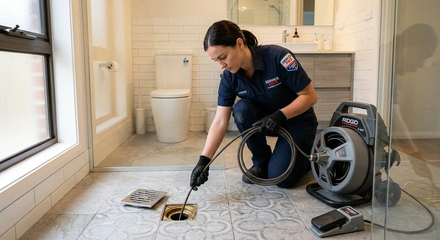 Technician clearing a bathroom floor drain for Sewer Line Installation in Manteno